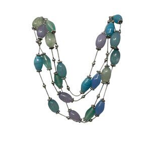 Beaded Necklace Blue Green‎ Stations Silver Toned Serpentine Chain